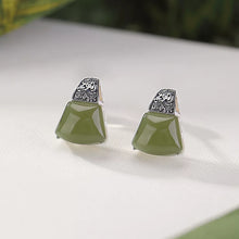 Load image into Gallery viewer, Vintage 925 Silver Tang Grass Pattern Fan-shaped Hetian Sapphire Stud Earrings Women's New Niche High-end Temperament Earrings