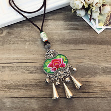 Load image into Gallery viewer, Retro Fashion Ethnic Embroidery Flower Necklace Tassel Pendant Sweater Chain