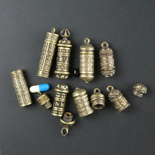 Load image into Gallery viewer, Brass Buddha Sutra Cylinder Pendant Keychain Hanging Necklace Jewelry Pill Box Medicine Case Container Bottle Keychains