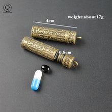 Load image into Gallery viewer, Brass Buddha Sutra Cylinder Pendant Keychain Hanging Necklace Jewelry Pill Box Medicine Case Container Bottle Keychains