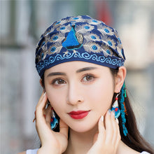 Load image into Gallery viewer, National style embroidered thin cotton and linen hat Women's hat Peacock embroidered hat Tie scarf hat