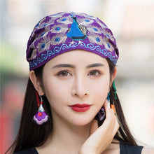 Load image into Gallery viewer, National style embroidered thin cotton and linen hat Women's hat Peacock embroidered hat Tie scarf hat