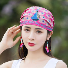 Load image into Gallery viewer, National style embroidered thin cotton and linen hat Women's hat Peacock embroidered hat Tie scarf hat