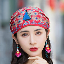Load image into Gallery viewer, National style embroidered thin cotton and linen hat Women's hat Peacock embroidered hat Tie scarf hat