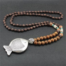 Load image into Gallery viewer, Unisex Handmade Necklace Nepal Buddhist Mala Wood Beads Pendant & Necklace Ethnic Fish Horn Long Statement Men Women's Jewelry
