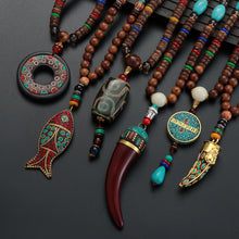 Load image into Gallery viewer, Unisex Handmade Necklace Nepal Buddhist Mala Wood Beads Pendant & Necklace Ethnic Fish Horn Long Statement Men Women's Jewelry