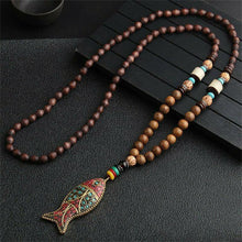 Load image into Gallery viewer, Unisex Handmade Necklace Nepal Buddhist Mala Wood Beads Pendant & Necklace Ethnic Fish Horn Long Statement Men Women's Jewelry