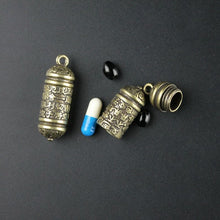 Load image into Gallery viewer, Brass Buddha Sutra Cylinder Pendant Keychain Hanging Necklace Jewelry Pill Box Medicine Case Container Bottle Keychains
