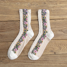 Load image into Gallery viewer, Twist Pattern Medium Tube Women's Literary Cotton Socks Ethnic Style Flower Dark Pattern Socks
