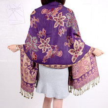 Load image into Gallery viewer, Ethnic Style Shawl Vintage Fringed Cheongsam Scarf Women&#39;s Purple Gold Flower Cashew Long Scarf
