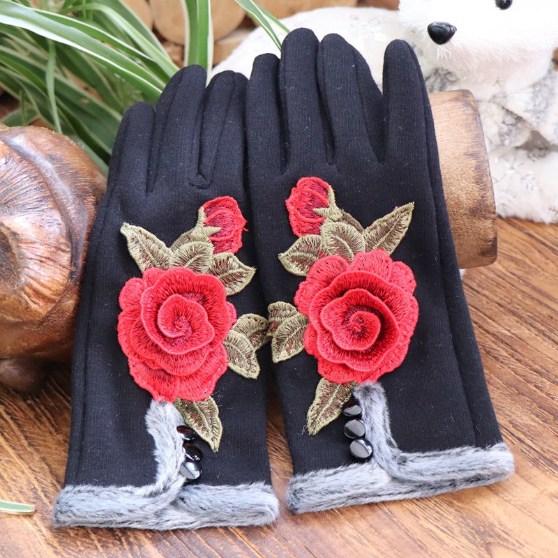 Ethnic Embroidery and Velvet Warm Embroidery Gloves Refer To Touch-screen Gloves and Velvet Cycling Five-finger Gloves