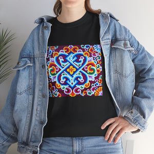 Tibetan Flower Pattern Printing T-shirt Unisex Heavy Cotton Tee