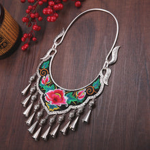 Load image into Gallery viewer, Ethnic Style Exaggerated Miao Silver Embroidery Collar Retro Bell Long Necklace
