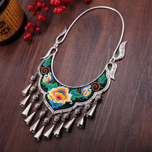 Load image into Gallery viewer, Ethnic Style Exaggerated Miao Silver Embroidery Collar Retro Bell Long Necklace
