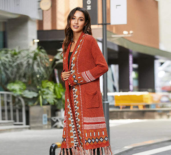 Ethnic Style Cardigan Sweater Women Retro Fringed Blouse Bohemian Style Knitted Sweater Cardigan Jacket