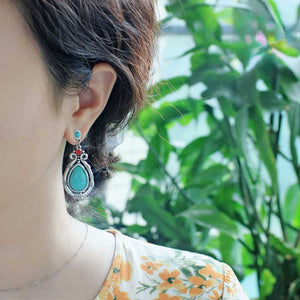 Tibetan Silver Art Retro Ethnic Style Turquoise Water Droplet Carved Earrings