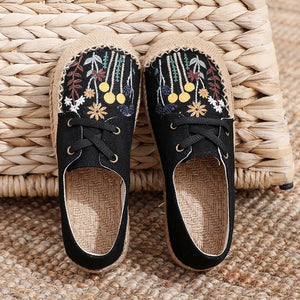 New Ethnic Style Women's Shoes Dandelion Embroidered Linen Shoes Cow Tendon Bottom Hand-stitched Top Lace-up Cloth Shoes