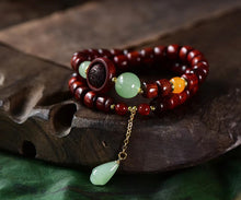 Load image into Gallery viewer, Small Leaf Red Sandalwood Two Loop Bracelet with Small Leaf Carved Beads and Jade Chalcedony Beads
