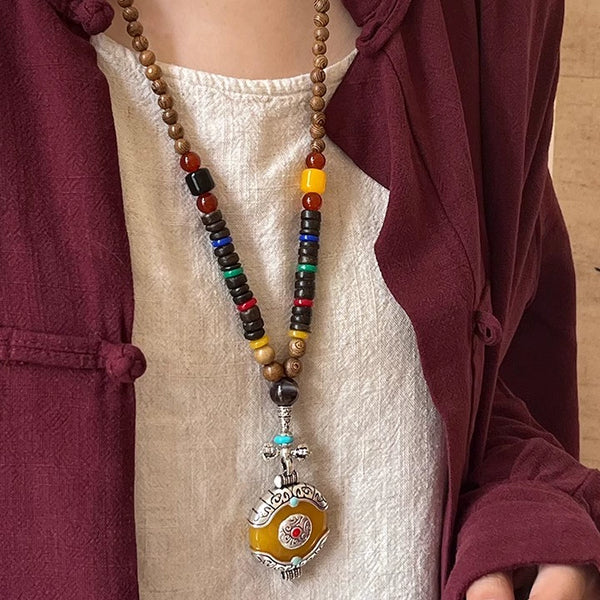 Ethnic Wood Buddha Bead Necklace Women's Tibetan Zen Retro Old Long Pendant Sweater Chain