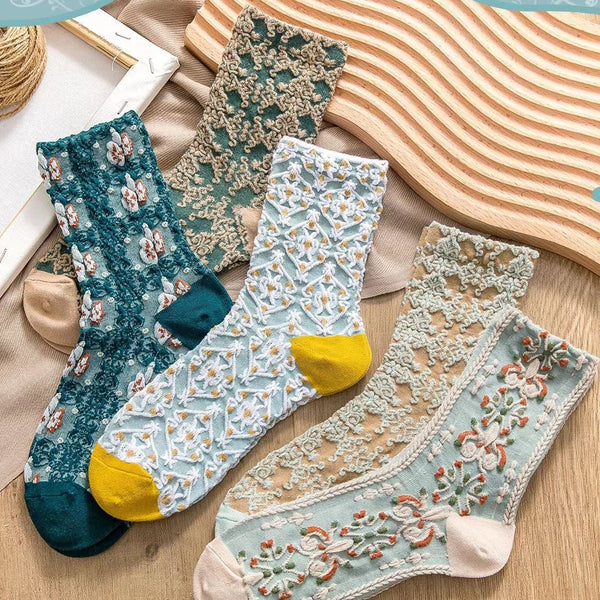 Socks Women's Court Style Retro Medium Tube Socks Three-dimensional Relief Autumn and Winter Women's Socks Floral Literary High Stockings Cotton
