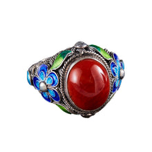 Load image into Gallery viewer, South Red Stone Blue Pattern Ring Lady&#39;s Court Vintage Distressed Band Silver Adjustable Open Ring
