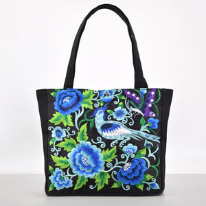 Ethnic Style Embroidered Shoulder Bag with Large Capacity Women's Tote Bag, Canvas, National Style Peony Handbag, Shopping Bag