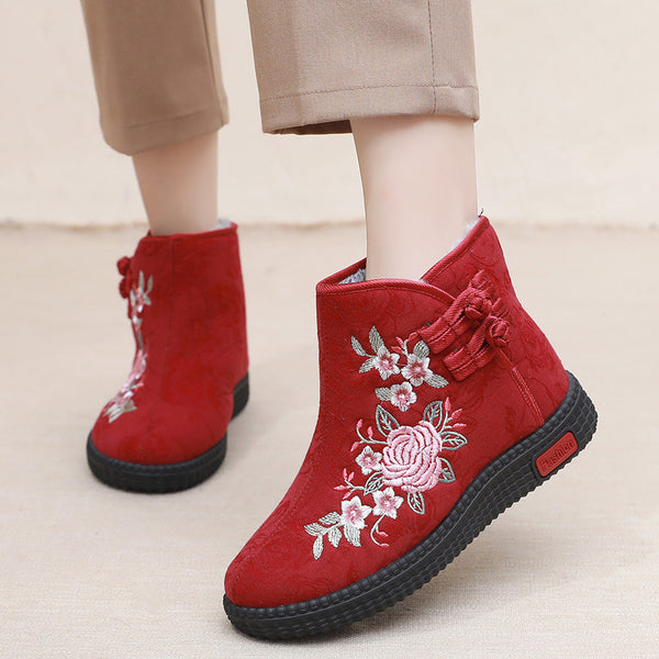 Cloth Shoes, Women's Cotton Shoes, Winter Plush Insulation, Mother's Shoes, Retro Ethnic Style Embroidered Shoes, Short Boots, Grandmother's Shoes