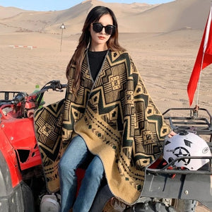 Tibetan Cold Protection Thickened Split Shawl Cloak Autumn and Winter Long Warm Scarf Women's Cloak