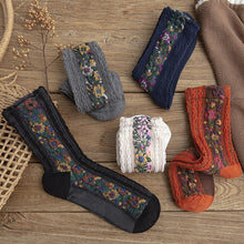 Load image into Gallery viewer, Twist Pattern Medium Tube Women's Literary Cotton Socks Ethnic Style Flower Dark Pattern Socks

