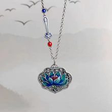 Load image into Gallery viewer, S925 Anemone Heart Sutra Necklace for Men and Women Painted with Lang Lotus Ruyi Lock Pendant Vintage Clavicle Chain
