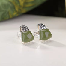 Load image into Gallery viewer, Vintage 925 Silver Tang Grass Pattern Fan-shaped Hetian Sapphire Stud Earrings Women's New Niche High-end Temperament Earrings
