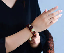Load image into Gallery viewer, Small Leaf Red Sandalwood Two Loop Bracelet with Small Leaf Carved Beads and Jade Chalcedony Beads
