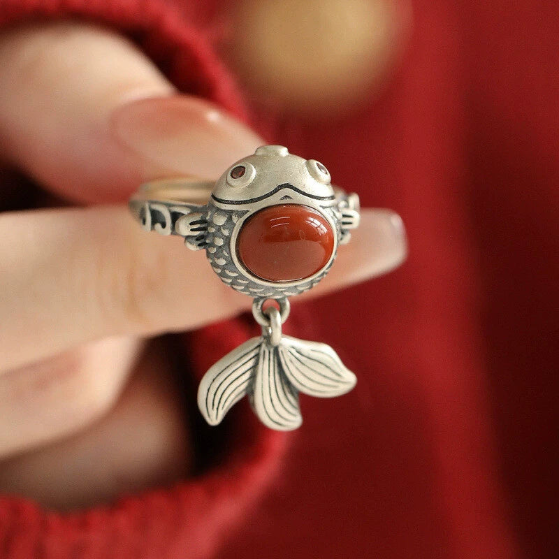 925 Silver Retro New Tibet Style Lucky Little Fat Fish Koi Ring