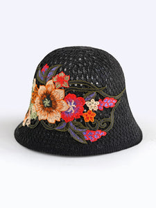 Ethnic embroidered flowers in summer breathable hollow sunscreen fisherman hat female sunshade Joker bucket hat Sun basin hat