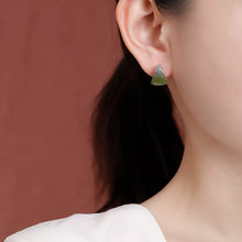 Load image into Gallery viewer, Vintage 925 Silver Tang Grass Pattern Fan-shaped Hetian Sapphire Stud Earrings Women's New Niche High-end Temperament Earrings
