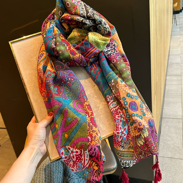 Ethnic Style Colored Silk Scarves Women's Summer Versatile Yarns Cotton and Linen Feel Air-conditioned Room Scarves Beach Towels Sun Protection Shawls