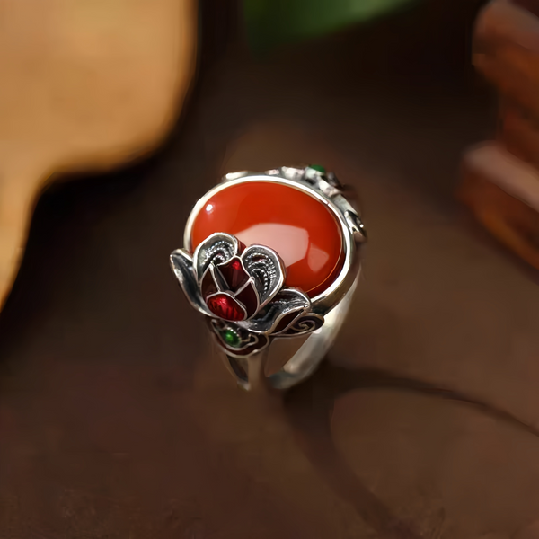 Nanhong Agate Rose S925 Silver Ring Women's 2026 New Popular Niche Design Ethnic Style Index Finger Ring