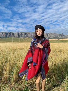 Tibetan Great Retro Totem Red Warm Outer Shawl Women's Scarf Autumn and Winter Cloak Big Cloak