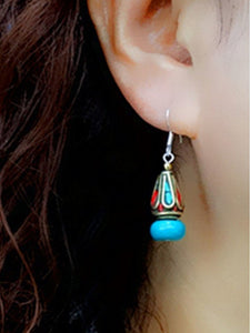 Original Ethnic Tibetan Earrings Female Sterling Silver Natural Turquoise Earrings Nepalese Vintage Palace Earrings