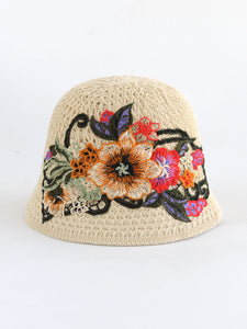 Ethnic embroidered flowers in summer breathable hollow sunscreen fisherman hat female sunshade Joker bucket hat Sun basin hat