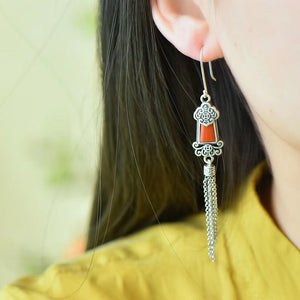 S925 Silver Tassel Earrings Female Literary Retro Knot Elegant National Style Exaggerated Long Earrings.