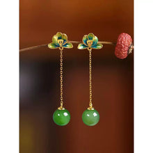 Load image into Gallery viewer, Jasper Lotus Heart Tibetan Style Enamel Color Lotus 925 Silver Jade Earrings Women&#39;s Fringed Earrings
