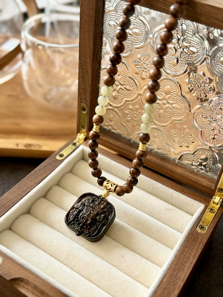 Black Pear with Agarwood Zakiram Square Pendant Necklace, Natural Hetian Jade