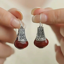 Load image into Gallery viewer, 925 Silver Retro Tang Grass Pattern Red Lantern Agate Earrings Ear Hook Water Bottle Ethnic Style Niche High Sense
