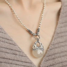 Load image into Gallery viewer, 925 Silver Retro New Tang Grass Pattern Money Bag Chalcedony Water Drop Pendant Round Bead Sweater Chain Ethnic Style Women's Necklace

