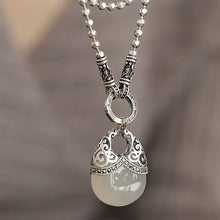 Load image into Gallery viewer, 925 Silver Retro New Tang Grass Pattern Money Bag Chalcedony Water Drop Pendant Round Bead Sweater Chain Ethnic Style Women's Necklace
