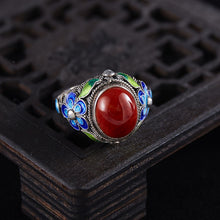 Load image into Gallery viewer, South Red Stone Blue Pattern Ring Lady&#39;s Court Vintage Distressed Band Silver Adjustable Open Ring
