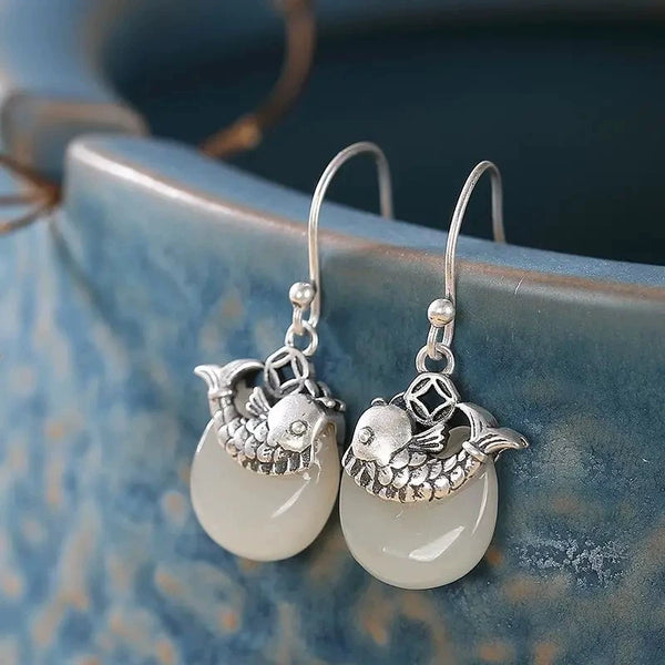 925 Silver Needle White Jade Retro Ruyi Ping An Buckle Personalized Koi Fish Ladies Earrings
