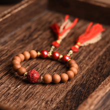 Load image into Gallery viewer, Handwoven Peach Wood Old Mountain Sandalwood Emperor Sand Vermilion Sand Handstring Female National Style Bead Handstring Buddha Bead Handchain Bracelet
