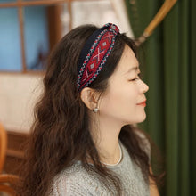 Load image into Gallery viewer, Bohemian Ethnic Wind Embroidery Knotted Headband High Skull Top Big Head Circumference Hair Hole Headband
